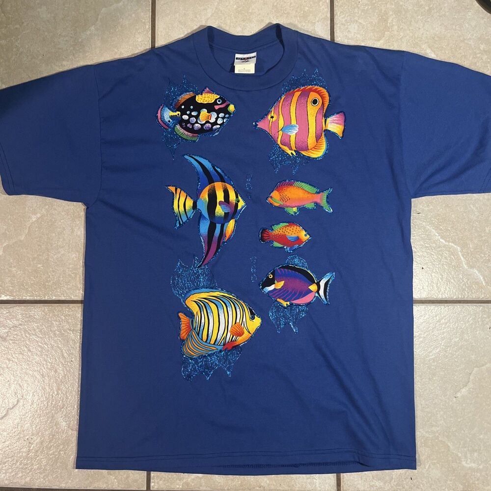 Vintage 90s Jerzees Tropical Fish T Shirt Made in USA Neon Puff Paint Men's XL